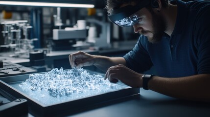 Male engineer wearing glasses and virtual reality headset interacting with digital interface in a modern setting