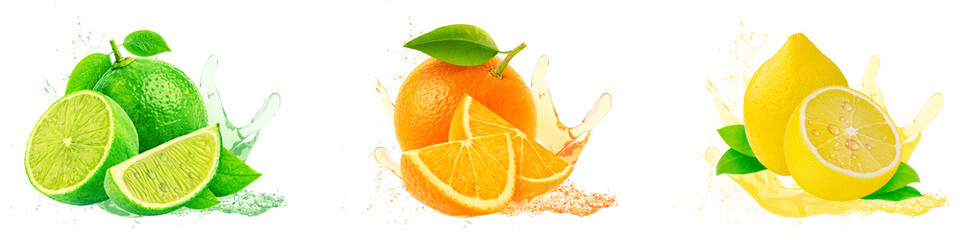 Set of citrus fruits in juice splash isolated on transparent background.