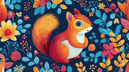Fototapeta premium Colorful Cartoon Squirrel Surrounded by Vibrant Flowers and Leaves in a Playful Art Style Perfect for Children's Decor and Nature Themes