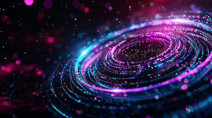 Fototapeta premium Abstract Cosmic Vortex: A mesmerizing digital artwork depicting a vibrant cosmic vortex of swirling neon pink and blue particles, creating a sense of movement and energy. The background is a deep.