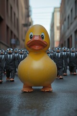 Giant rubber duck leading penguins in suits in city street