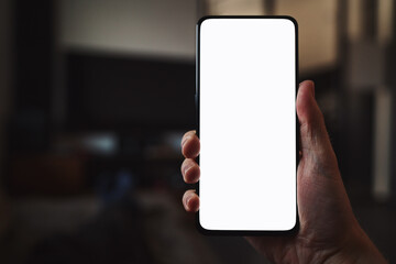 Man hold smartphone with white screen in his hand lying on a couch in home environment