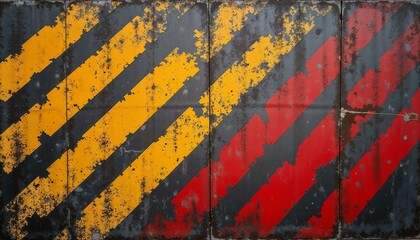 Obraz premium Rustic industrial wall with diagonal red, yellow, and black stripes for urban design