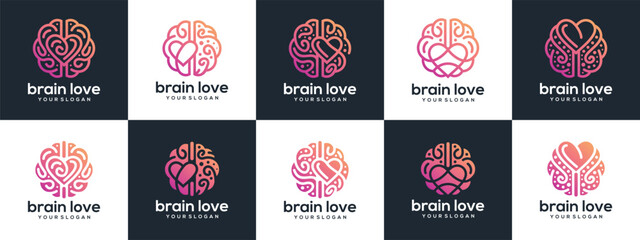 Brain love logo designs collection. Brain love logo template. Logo symbol icon