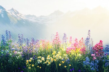 Naklejka premium Vibrant wildflowers bloom in a picturesque mountain meadow, bathed in soft sunlight.