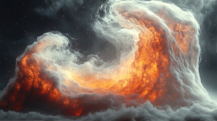 A dramatic scene of fiery clouds resembling a wave, illuminated against a dark, starry sky