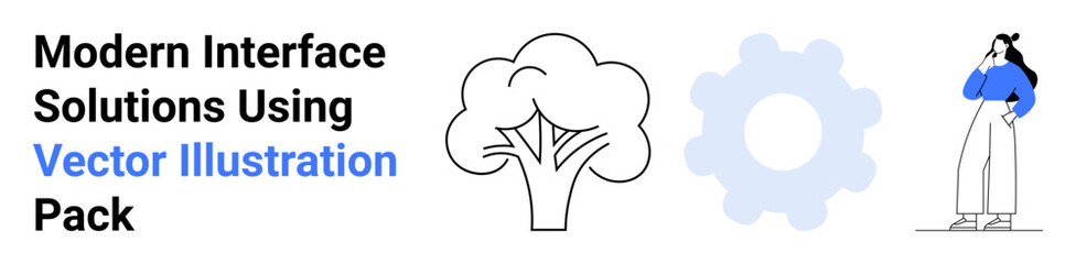 Tree, gear symbolizing development, and a standing person thinking in blue and white tones. Ideal for environment, innovation, technology, teamwork, problem-solving, planning flat landing page