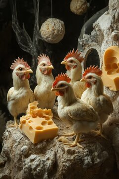 Five chickens looking at swiss cheese in a farm