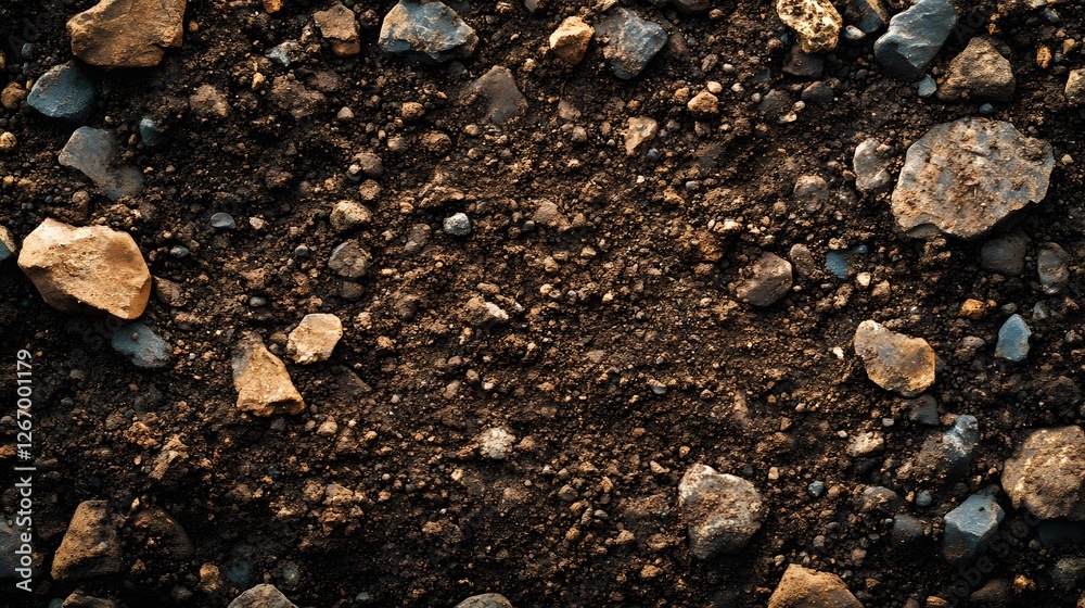Poster Close-up view of dark brown soil with various sizes of rocks and stones. A detailed texture image. Grainy Soil detailed texture background. Rocky Soil Texture: A Close-Up View of Earth's Surface