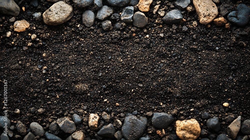 Poster Dark soil texture with a frame of rocks. Ideal background image. Grainy Soil detailed texture background. Dark Soil Texture Background with Rocks Border