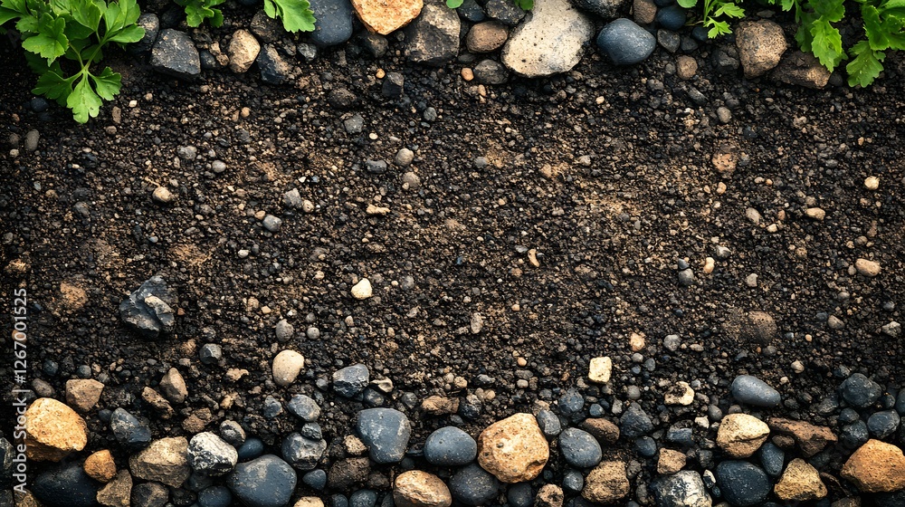 Poster Dark soil ground with various rocks and greenery border. Nature background. Grainy Soil detailed texture background. Dark Soil Ground with Rocks and Greenery Border