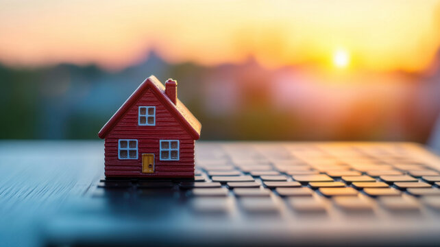 Home buyers making first purchase online virtual environment real estate sunset view empowerment concept