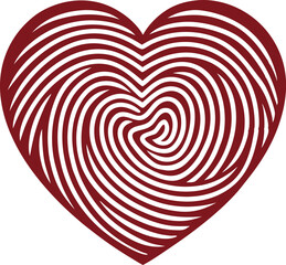 Obraz premium Heart Shape with Fingerprint Pattern and Swirling Lines, Red and White Spiral Design Love Symbol Illustration, Abstract Fingerprint Heart in Minimalist Vector Art