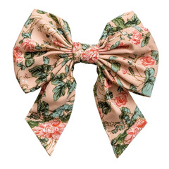 Naklejka premium large floral hair bow in soft pastel colors, featuring pink roses and green leaves, perfect for adding touch of elegance to any hairstyle