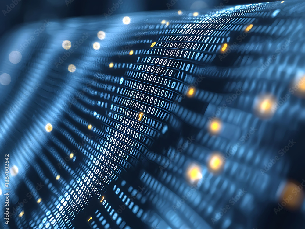 Poster abstract blue binary code flowing across the screen, suggesting digital data streams, technological 