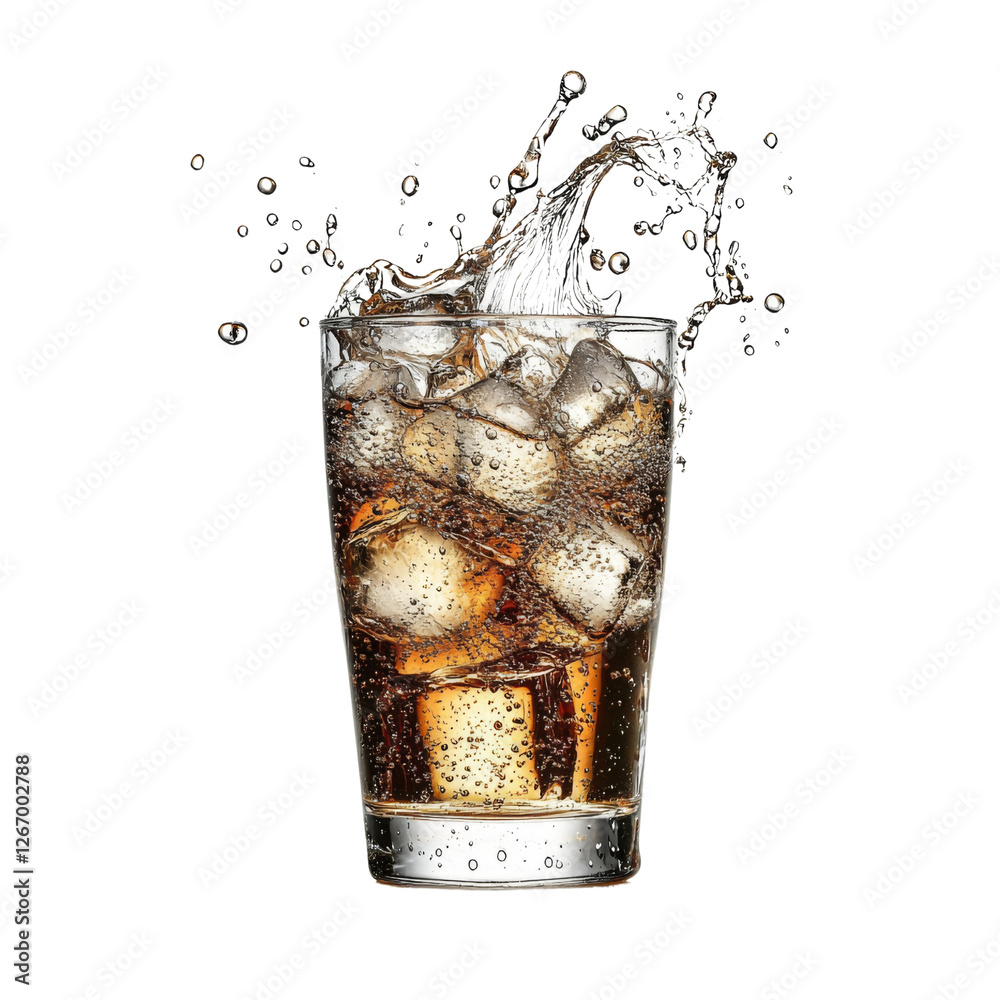 Poster refreshing glass of soda with ice cubes splashing in dark beverage. perfect for summer or parties, t