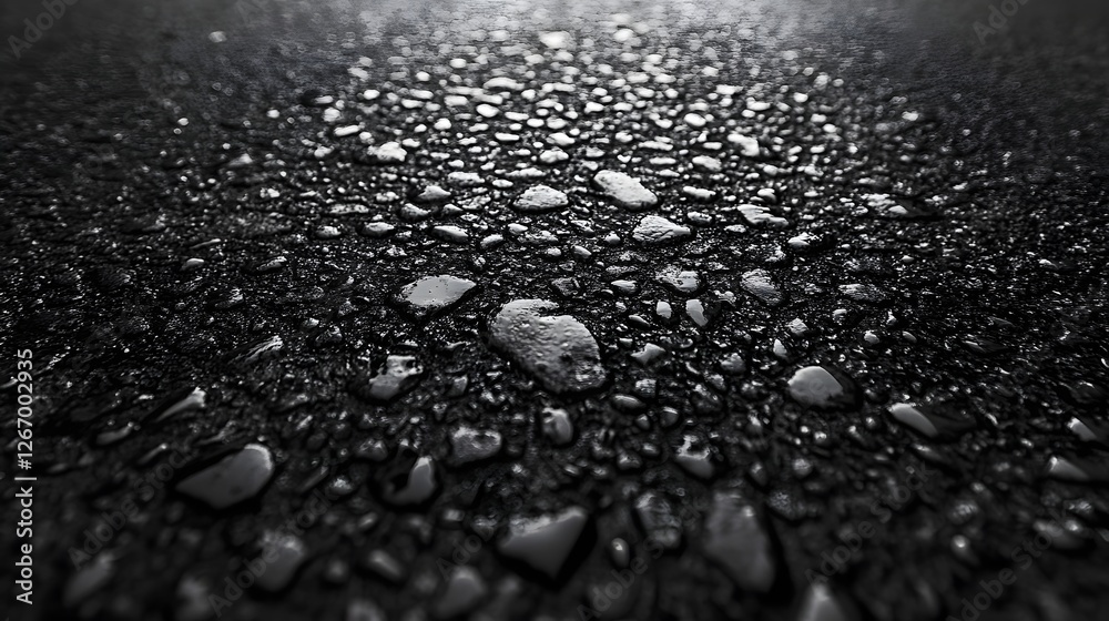 Poster close-up shot of a dark, wet surface covered in water droplets. the image showcases a high level of 