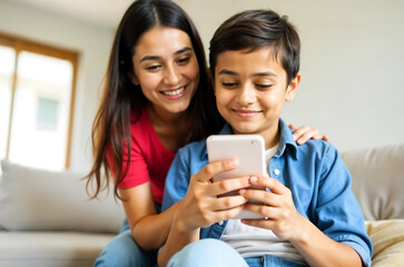 Mother and Son Bonding While Using Smartphone Together in Cozy Home with Natural Lighting and Warm Smiles for Quality Time and Learning Technology
