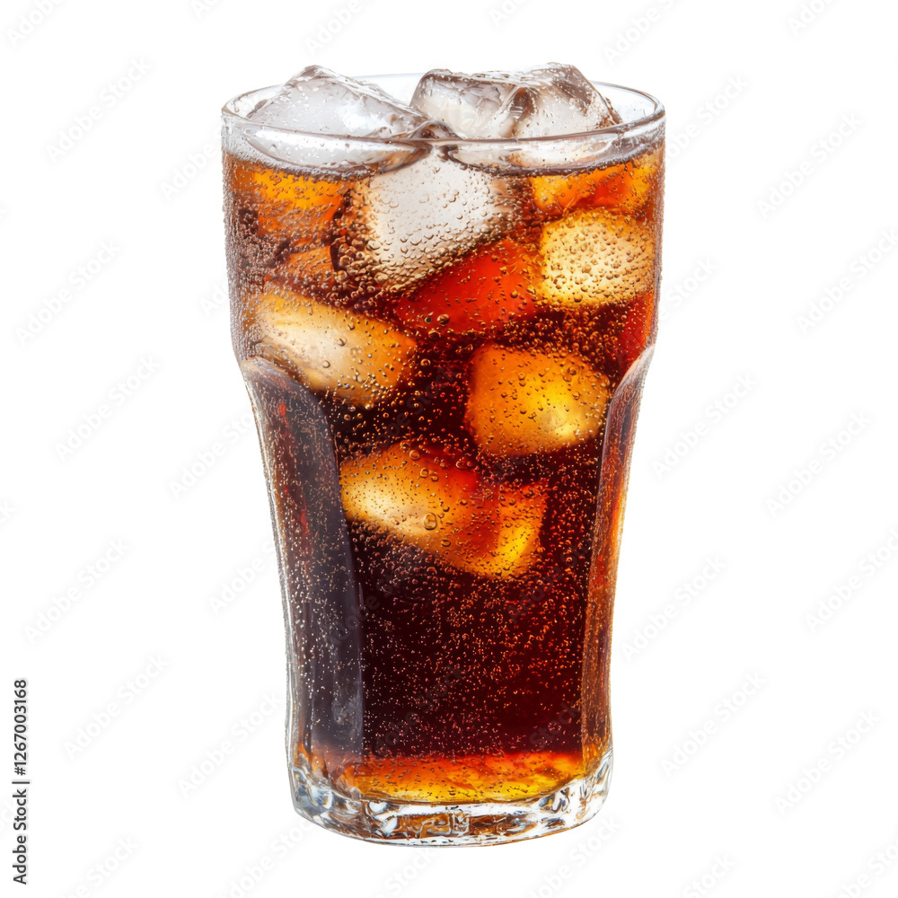 Poster Refreshing glass of with ice cubes, showcasing bubbles and condensation. Perfect for hot days or gatherings