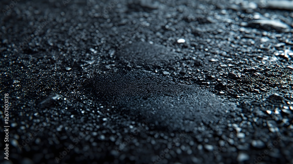 Poster Close-up view of a dark, wet surface with a grainy texture. The image showcases rich blacks and subtle light reflections. Gritty asphalt texture background