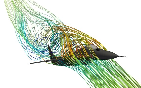 Simulation of airflow around a fighter jet. Visualize the flow streamline of air around the aircraft