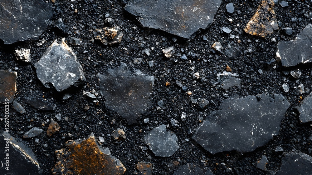 Poster Close-up shot of dark volcanic rocks, creating a rough and textured abstract background. Gritty asphalt texture background