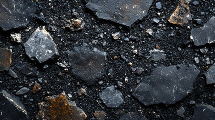 Close-up shot of dark volcanic rocks, creating a rough and textured abstract background. Gritty asphalt texture background