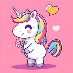Cute Cartoon Unicorn Holding a Flower with Rainbow Mane and Heart Speech Bubble on Pink Background