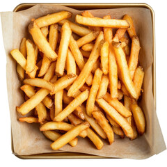 french fries in brown paper food tray isolated on white or transparent background