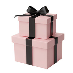 Two pink gift boxes stacked, tied with black ribbon and bow.