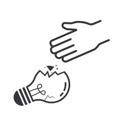 Isolated outline illustration hand pick  up broken glass, cracked lamp, damaged electric light bulb, for safety sign label