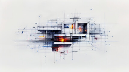 Fototapeta premium Abstract Architecture: A modern, minimalist composition featuring a geometric building structure with hints of vibrant color and dynamic lines. Perfect for themes of urban design.
