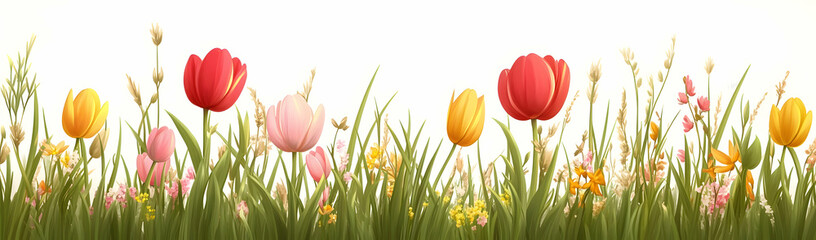 Spring tulips in meadow, white background, nature