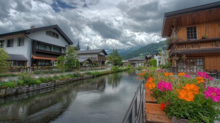 Alpine village canal scene with colorful flowers and mountains