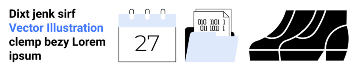 Calendar with a date, a stack of documents with data, and formal shoes. Ideal for business planning, organization, time management, productivity, professionalism, schedules flat landing page banner