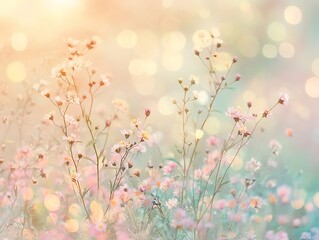 Colorful Spring Flowers with Soft Golden Light, Dreamy Floral Scene with Delicate Blue and White Petals, Lush Greenery, and Gentle Bokeh Background for a Serene Atmosphere