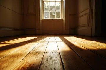 Sunlight streams through window onto wooden floorboards in empty room