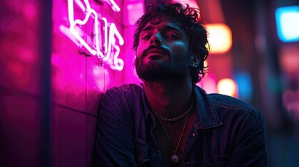 A man in relaxed clothing leaning against a wall bathed in pink neon light. Casual atmosphere, urban cool.