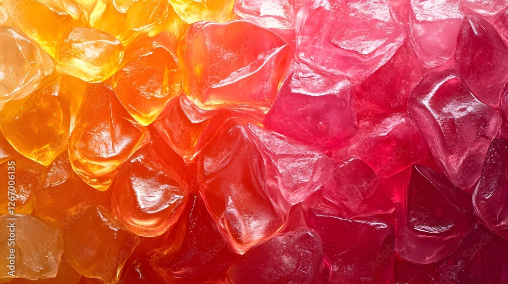 Poster Close-up view of translucent gems in a vibrant orange and red gradient. The image showcases a beautiful texture and color transition. Gummy resin detailed texture background