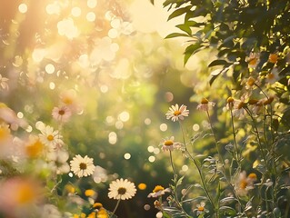 Obraz premium Colorful Spring Flowers with Soft Golden Light, Dreamy Floral Scene with Delicate Blue and White Petals, Lush Greenery, and Gentle Bokeh Background for a Serene Atmosphere