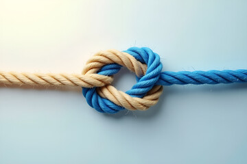 A conceptual digital illustration of a knot formed by two different ropes, symbolizing unity and connection. One rope is natural beige hemp, while the other is synthetic blue nylon. The knot is tightl
