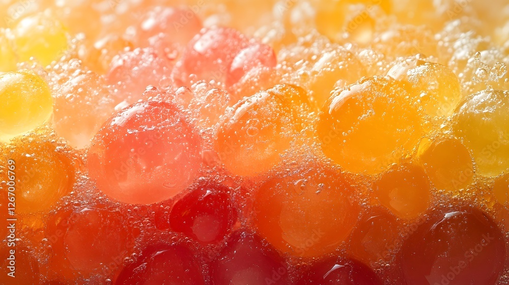Poster Close-up of colorful bubbles, vibrant oranges and reds, creating an abstract design. Gummy detailed texture background.