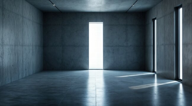 Minimalist futuristic room featuring a bright neon-lit niche in concrete wall, rough textured surfaces, dim ambient lighting, floor reflections, sterile and tranquil space with a mysterious vibe