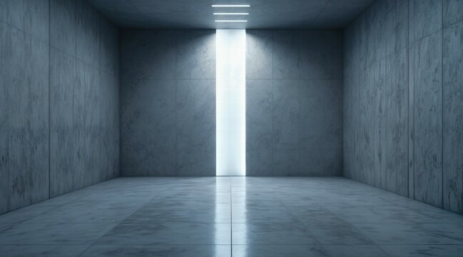 Abstract concrete interior with glowing vertical portal-like niche, neon lighting effects, rough textured walls and floor, hidden light reflections, futuristic minimalism, serene and enigmatic atmosph