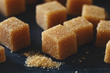 Close-up of brown sugar cubes on black surface. AI image