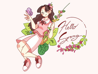cute girl with spring background illustration