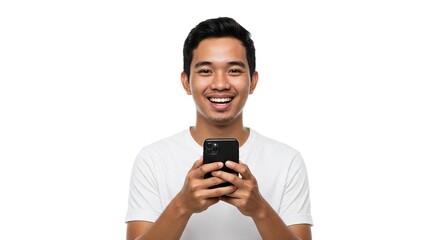 Man Using Mobile Phone Smiling on Isolated White Background Studio Shot