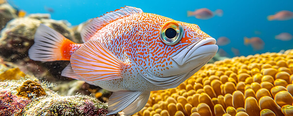Fototapeta premium Vibrant coral reef fish, detailed closeup. Stunning orange and white patterns, large expressive eye. Perfect for marine life, nature, ocean, and underwater themes.