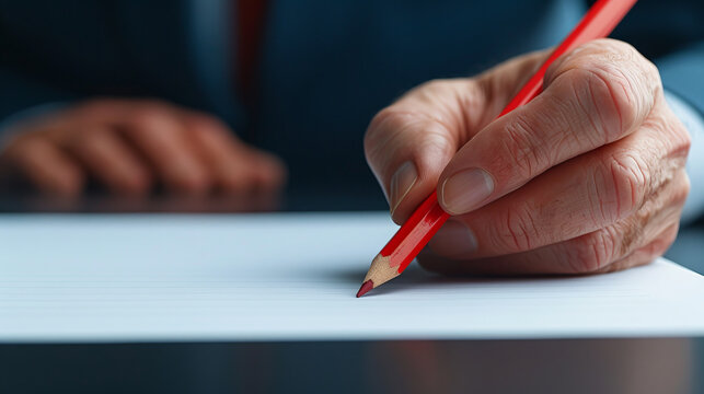 Red Pencil on Blank Page: Close-up of a hand holding a red pencil, poised above a blank white page, ready to begin a new project or task. The image evokes feelings of anticipation, creativity.