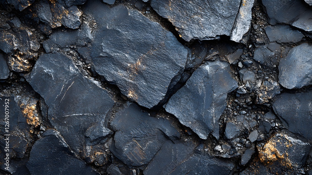 Poster close-up of a dark blue, fractured stone texture. rough, broken pieces create a dramatic visual. mac